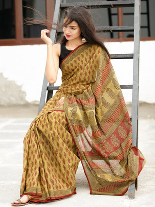 Olive Green Maroon Black Bagh Hand Block Printed Cotton Saree - S031703819