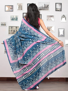 Indigo Pink White Hand Block Printed Cotton Mul Saree With Tassels - S031703017