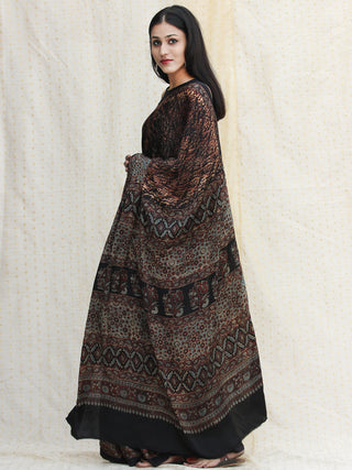 Rust Black Sage Green Ajrakh Hand Block Printed Modal Silk Saree - S031704117