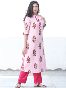 Pink Coral Brown Cotton Block Printed Kurta & Pants - Set of 2 - SS01F048