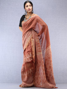 Light Brown Ivory Maheshwari Silk Hand Block Printed Saree With Zari Border - S031704481