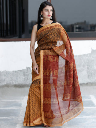 Rust Orange Maroon Black Bagh Hand Block Printed Maheswari Silk Saree With Resham Border - S031703828