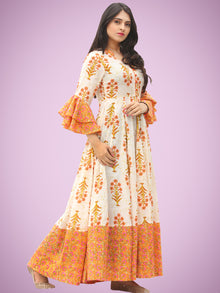 Raima - Orange Ivory Green Block Printed Panel Long Dress - D396F2047