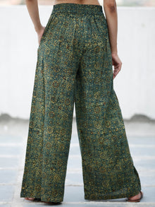 Green Yellow Black Ajrakh Hand Block Printed Semi Elasticated Waist Pleated Cotton Palazzo - P11F1682