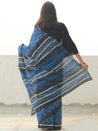 Indigo Black Ivory Hand Block Printed  Cotton Mul Saree - S031704100