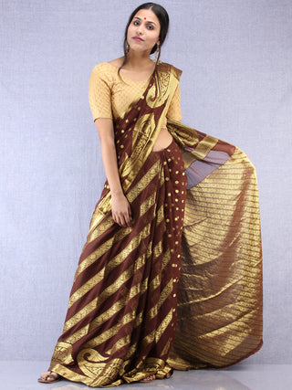 Banarasee Chiffon Saree With Golden Zari Weave - Brown & Gold - S031704357