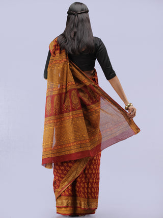 Maroon Mustard Bagh Printed Maheshwari Cotton Saree - S031704237