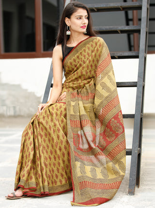 Olive Green Maroon Black Bagh Hand Block Printed Cotton Saree - S031703819