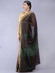Bottle Green Black Bagh Printed Maheshwari Cotton Saree - S031704398