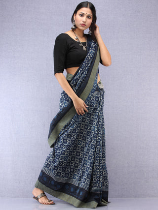 Indigo Ivory Hand Block Printed Chanderi Saree With Geecha Border - S031704506