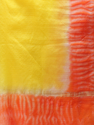 Kota Doria Tie & Die Dupatta  With Zari Border - Yellow & Orange - D04170894