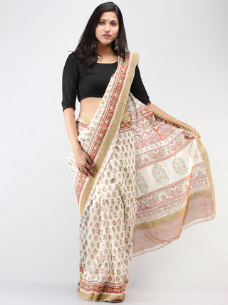 White Rosewood Green Chanderi Hand Block Printed Saree With Geecha Border - S031704457