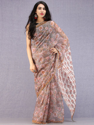 Grey Maroon Mustard Hand Block Printed Kota Doria Saree - S031704585