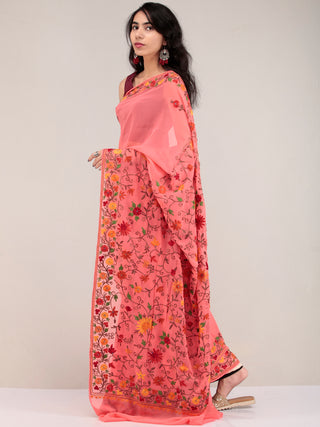 Peach Pink Aari Embroidered Georgette Saree From Kashmir - S031704625