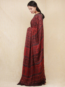 Crimson Red Black Ajrakh Hand Block Printed Modal Silk Saree - S031704152