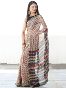 Ivory Red Blue Black Hand Block Printed Chiffon Saree with Zari Border - S031703913