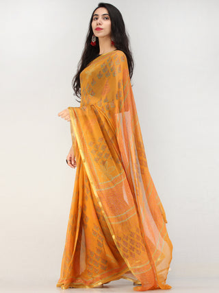 Orange Green Hand Block Printed Chiffon Saree with Zari Border - S031704555