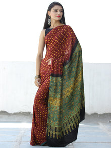 Maroon Yellow Green Bandhej Modal Silk Saree With Ajrakh Printed Pallu & Blouse - S031703873