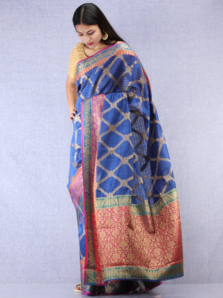 Banarasee Cotton Silk Saree With Zari Work - Electric Blue Pink & Gold - S031704381