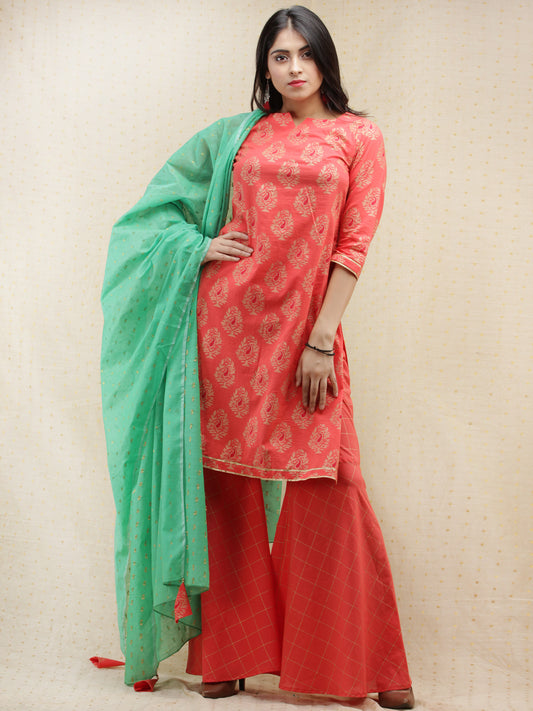 Samrina - Peach Gold Printed Kurta Sharara Set With Dupatta - SS02F1995