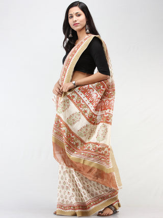 White Rosewood Green Chanderi Hand Block Printed Saree With Geecha Border - S031704457