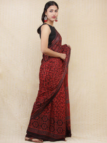 Crimson Red Black Ajrakh Hand Block Printed Modal Silk Saree - S031704152