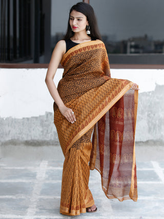 Rust Orange Maroon Black Bagh Hand Block Printed Maheswari Silk Saree With Resham Border - S031703828