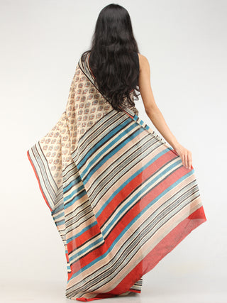 Beige Indigo Rustic Hand Block Printed  Cotton Mul Saree - s031704540