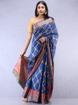 Banarasee Cotton Silk Saree With Zari Work - Electric Blue Pink & Gold - S031704381