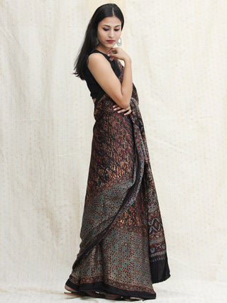 Rust Black Sage Green Ajrakh Hand Block Printed Modal Silk Saree - S031704117