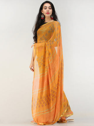 Orange Green Hand Block Printed Chiffon Saree with Zari Border - S031704555