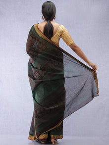 Bottle Green Black Bagh Printed Maheshwari Cotton Saree - S031704398
