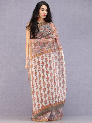 Grey Maroon Mustard Hand Block Printed Kota Doria Saree - S031704585