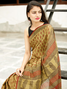 Olive Green Maroon Black Bagh Hand Block Printed Cotton Saree - S031703819