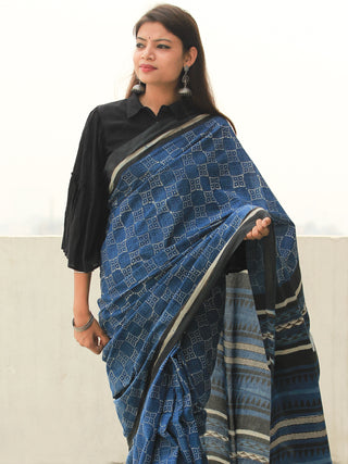 Indigo Black Ivory Hand Block Printed  Cotton Mul Saree - S031704100