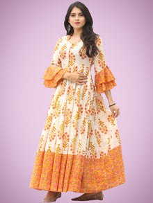 Raima - Orange Ivory Green Block Printed Panel Long Dress - D396F2047