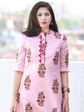 Pink Coral Brown Cotton Block Printed Kurta & Pants - Set of 2 - SS01F048