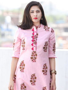 Pink Coral Brown Cotton Block Printed Kurta & Pants - Set of 2 - SS01F048