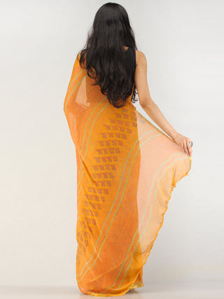 Orange Green Hand Block Printed Chiffon Saree with Zari Border - S031704555