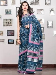 Indigo Pink White Hand Block Printed Cotton Mul Saree With Tassels - S031703017