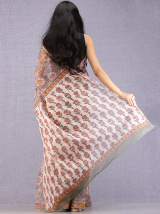 Grey Maroon Mustard Hand Block Printed Kota Doria Saree - S031704585