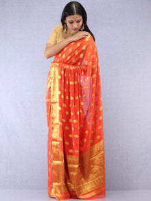 Banarasee Chiffon Saree With Golden Zari Weave - Coral & Gold - S031704402