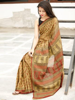 Olive Green Maroon Black Bagh Hand Block Printed Cotton Saree - S031703819