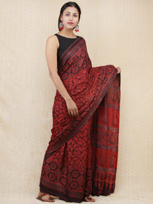 Crimson Red Black Ajrakh Hand Block Printed Modal Silk Saree - S031704152