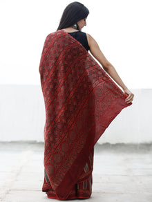 Red Black Beige Indigo Maroon Ajrakh Hand Block Printed Modal Silk Saree in Natural Colors - S031703696