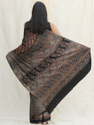 Rust Black Sage Green Ajrakh Hand Block Printed Modal Silk Saree - S031704117