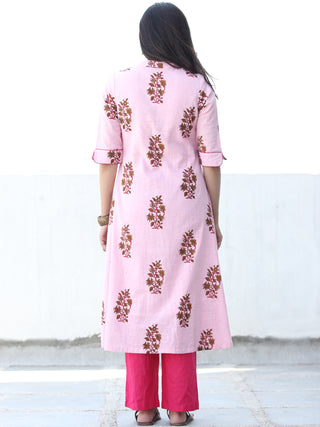 Pink Coral Brown Cotton Block Printed Kurta & Pants - Set of 2 - SS01F048