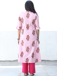 Pink Coral Brown Cotton Block Printed Kurta & Pants - Set of 2 - SS01F048