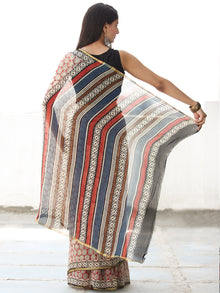 Ivory Red Blue Black Hand Block Printed Chiffon Saree with Zari Border - S031703913