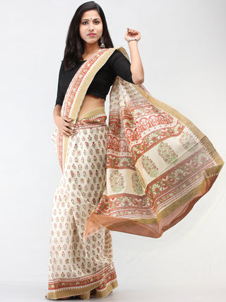White Rosewood Green Chanderi Hand Block Printed Saree With Geecha Border - S031704457
